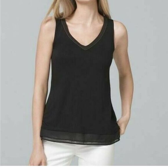 White house black market black sleeveless blouse with beaded V neckline XS - Picture 1 of 6